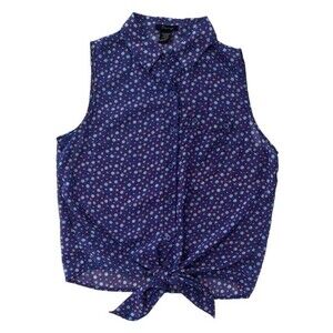 Timing Sheer Shirt Juniors L Large Button Down Sleeveless Blue Retro Floral Top